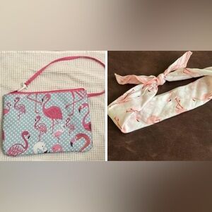 Flamingo bag NWOT 8x11 cosmetic bag clutch purse AND headband
